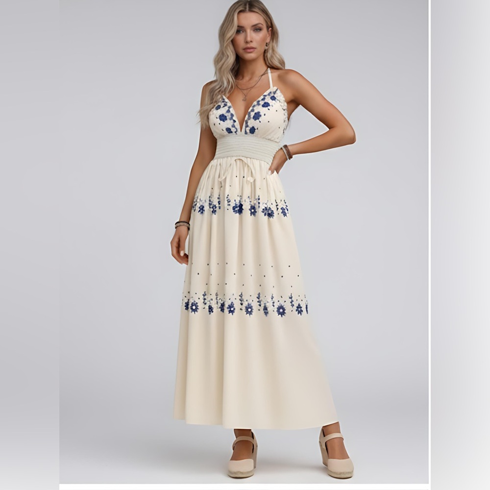 Boho Halter Floral Print Dress Beige